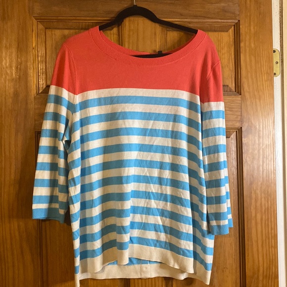 Talbots Sweaters - Light weight Talbots coral/white and blue striped sweater  buttons on back
